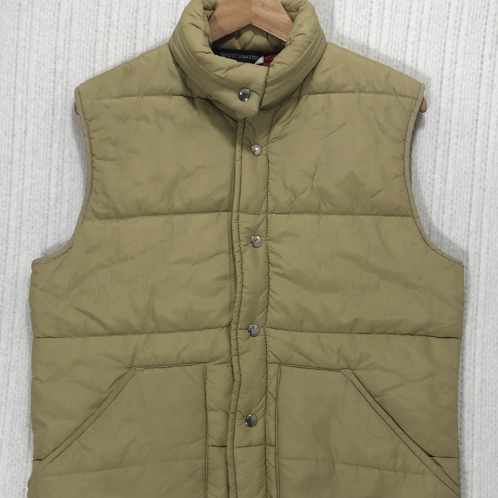 Sportsmaster Vintage Puffer Vest Tan Khaki Quilted Snap Front Mens Medium USA